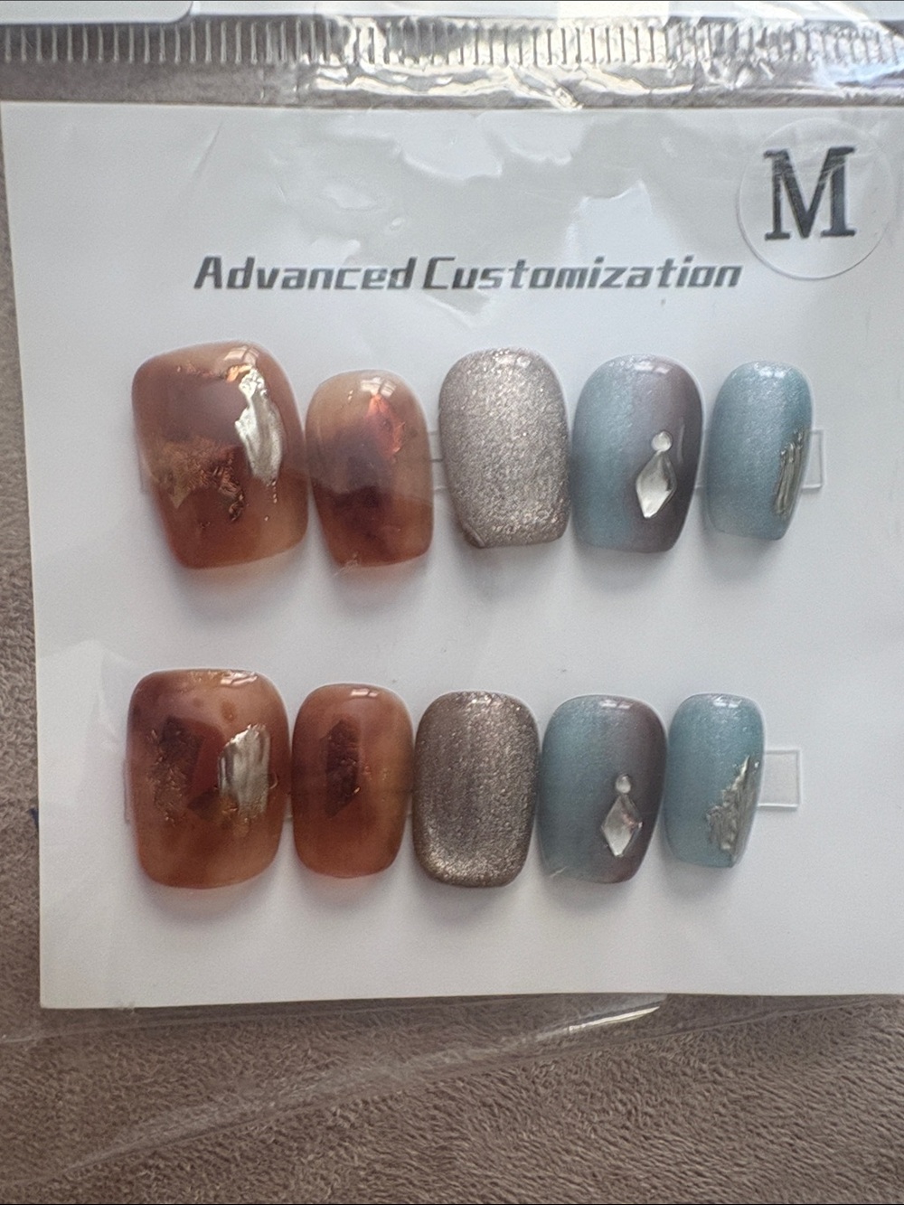 Advanced Customization Women's Press-On Nails - Brown & Silver & Blue Set - Picture 1 of 1